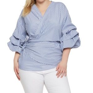 UPS & DOWNS STRIPED WRAP BLOUSE - BLUE PLUS SIZE 2X (NEW)